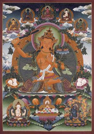 Manjushree Thangka Art Flanked By Chengrezig , Mahakala And 5 Dhyani Buddhas